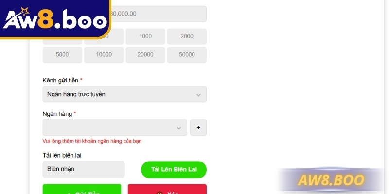 Nạp tiền AW8 qua hình thức truyền thống ngân hàng